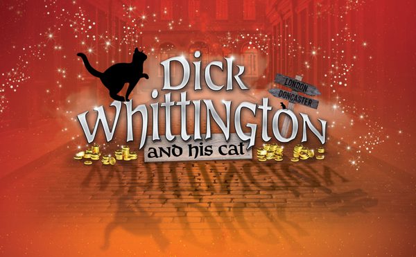 Title "Dick Whittington and His Cat" on a red, sparkly background. Features a silhouette of a cat and scattered gold coins, creating a magical atmosphere.