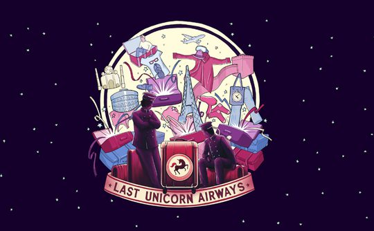 Illustration of diverse airline uniforms, baggage, and travel icons encircled by the text "Last Unicorn Airways," set against a starry night sky.