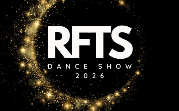 A circular path of gold glittering lights surrounds bold white text reading "RFTS Dance Show 2026" on a black background, conveying elegance and excitement.