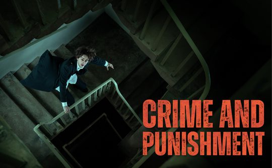 A man in a suit looks up dramatically on a dimly lit spiral staircase. The text "Crime and Punishment" is in bold red. The mood is tense and atmospheric.