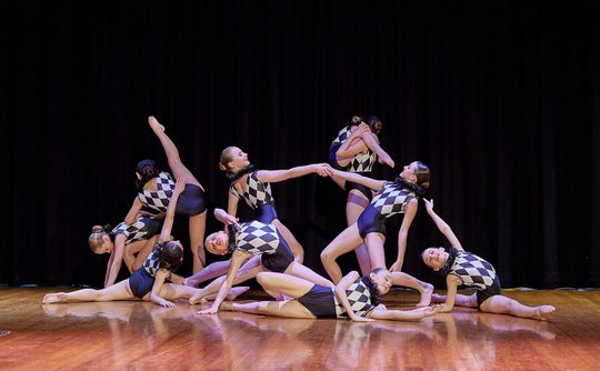 A group of young dancers in harlequin-patterned outfits perform a synchronized, expressive pose on a wooden stage, conveying elegance and unity.