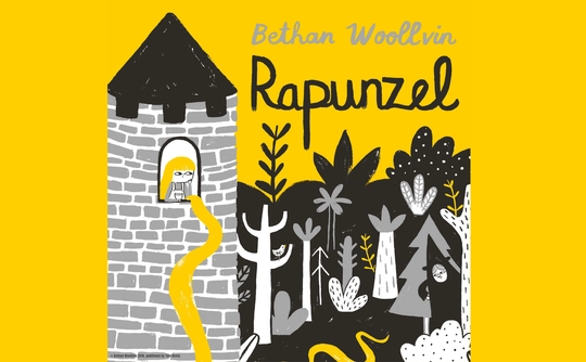 Cover illustration for "Rapunzel" by Bethan Woollvin. A tower with Rapunzel's long hair is set against a stylized, dark forest on a yellow background.