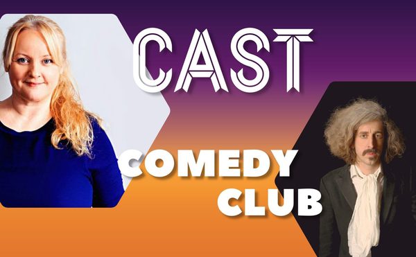 Comedy Club poster with two people against orange and purple background. Left person smiling in blue top; right person in black attire, juggling an apple. 'CAST COMEDY CLUB' written in bold letters.