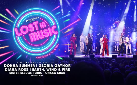 Concert stage with vibrant neon lights forming a circle around 'Lost in Music' text. Performers in sparkling outfits sing under spotlights. Names like Donna Summer and Diana Ross are highlighted below, suggesting a disco tribute theme.