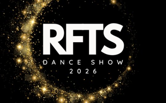 RFTS Dance Show 2026 poster with bold white text centred on a black background, surrounded by a glowing golden sparkle swirl.