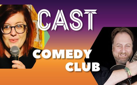 Comedy club poster featuring a woman with glasses holding a microphone, smiling, and a man playing guitar. Text reads: 'Cast Comedy Club' on a purple and orange gradient background.