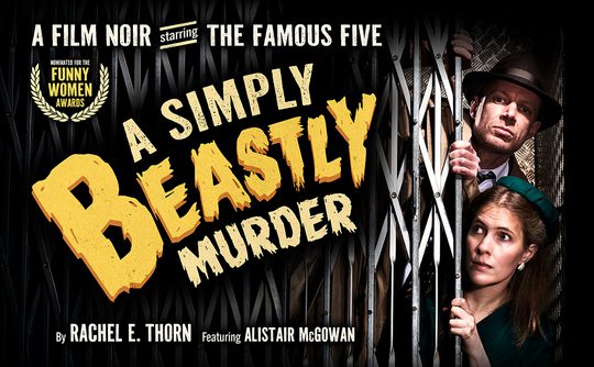 Poster for film noir "A Simply Beastly Murder" shows a man and woman looking tense through elevator bars. Bold text and dark tones enhance the mystery.