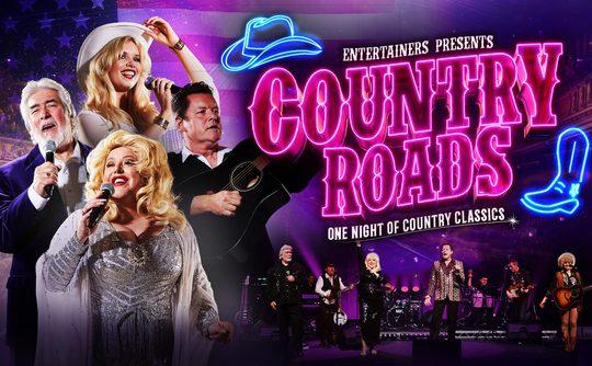 Promotional poster for 'Country Roads: One Night of Country Classics' featuring tribute performers. Neon cowboy hat and boot flank bold title text.