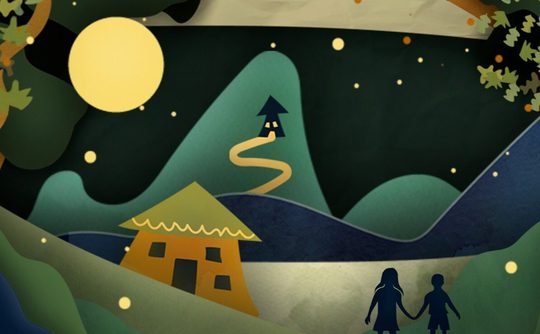 Illustrated landscape with a bright moon, starry sky, hills, trees, and a path leading to a distant house. Silhouetted figures of two children holding hands.