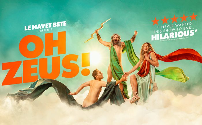 Three theatrical characters in Greek god costumes pose dramatically on clouds; bold text reads "Oh Zeus!" with a comedic tone. A five-star review is visible.
