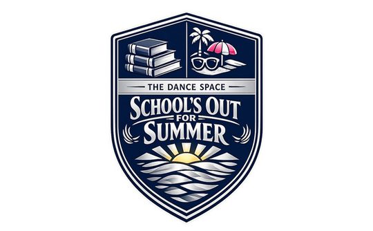 Shield-shaped logo with text "School's Out for Summer" and "The Dance Space." Top section features books, beach umbrella, and sunglasses above a sunrise.