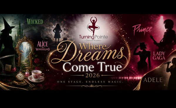 Promotional image for Turning Pointe Dance Studios with a magical theme. It features silhouettes of a witch, a teapot, and musical artists on a vibrant background, with the text "Where Dreams Come True 2026, One Stage. Endless Magic."