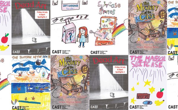 A collage of colourful, hand-drawn posters for plays, featuring luggage, rainbows, and mystery themes. Each poster includes imaginative art by children.