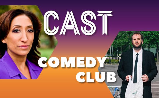 Image featuring a woman in a purple shirt on the left and a man in a suit holding a plastic bag on the right, set against a purple and orange background. Bold text reads 'Cast Comedy Club' in a playful font.