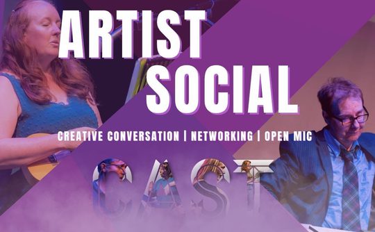 Promotional image for 'Artist Social' event. Features a woman playing a guitar and a man in a suit at a piano. Text reads: Creative Conversation | Networking | Open Mic.