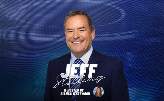 Smiling man in a suit stands against a blue, swirling background. White text reads "Jeff," with additional credit to Bianca Westwood as host.