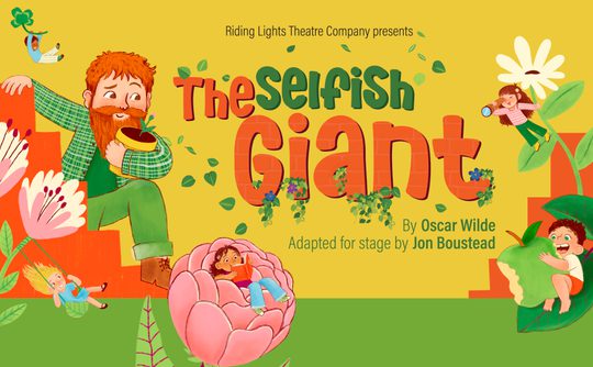 Colourful poster for "The Selfish Giant" by Oscar Wilde. A giant and children play among oversized flowers and leaves, conveying joy and whimsy.