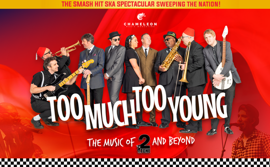 Promotional poster for "Too Much Too Young" ska show. A diverse band with instruments is on a vibrant red background, exuding an upbeat, lively energy.