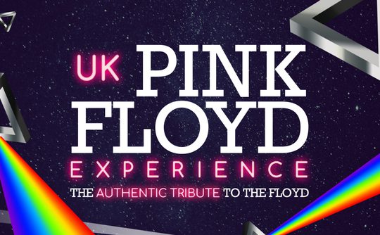 UK Pink Floyd Experience poster featuring bold white and pink text on a starry background with triangular prisms and rainbow light beams.