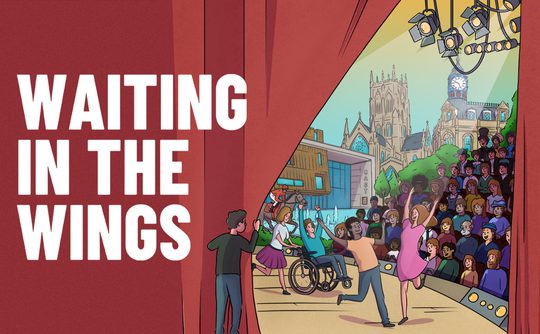Illustration of a diverse group performing joyfully on stage, with an audience in front of a backdrop featuring urban architecture. Bold text reads "Waiting in the Wings."