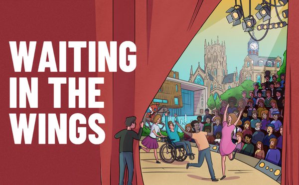 Illustration of a diverse group performing joyfully on stage, with an audience in front of a backdrop featuring urban architecture. Bold text reads "Waiting in the Wings."