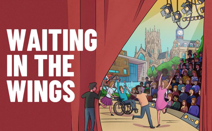 Illustration of a diverse group performing joyfully on stage, with an audience in front of a backdrop featuring urban architecture. Bold text reads "Waiting in the Wings."