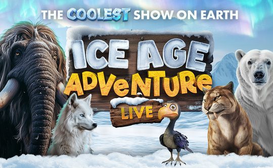 A woolly mammoth, wolf, dodo, sabre-toothed cat, and polar bear are set against an icy backdrop with "Ice Age Adventure Live" text. Energetic and fun.
