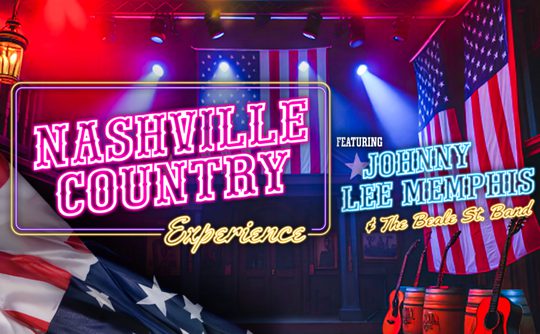 Neon-lit text reads "Nashville Country Experience" over a stage with American flags. Guitars and spotlights set a vibrant, musical atmosphere.