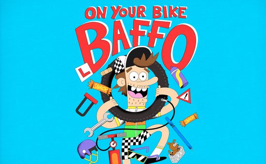 Cartoon character with a playful expression holds a bike tire. Surrounding him are bright tools and snacks. Text: "On Your Bike, Baffo." Energetic tone.