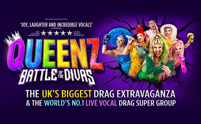 Bright poster for 'Queenz: Battle of the Divas,' featuring colourful drag performers against a dynamic purple background with bold text and glitter accents. Emphasizes UK's biggest drag extravaganza and lively vocal performances.