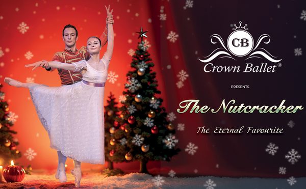 Ballet dancers perform a graceful pose beside decorated Christmas trees and lit candles against a red festive backdrop. Text reads: "Crown Ballet presents The Nutcracker: The Eternal Favourite."