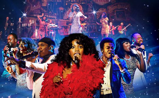 A vibrant collage of performers celebrating Motown music. Central singer in red, surrounded by others in glittering outfits with energetic expressions.