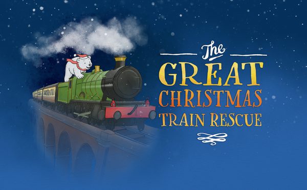 A festive illustration of a green steam train on a bridge, with a cheerful white dog wearing a red scarf on top. Snow falls against a dark blue sky. The text below reads "The Great Christmas Train Rescue" in bold, yellow and orange lettering.