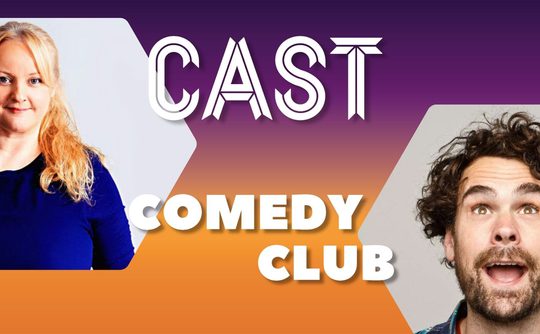 Colorful comedy club poster featuring a woman with long blonde hair in a blue top on the left and a man with curly hair and a surprised expression on the right. Text reads 'Cast Comedy Club' against a purple and orange gradient background.