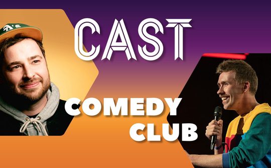 Two comedians are featured in a promotional image for a comedy club. The left shows a man in a cap smiling against a yellow background. The right shows a man in a colourful sweater holding a microphone, smiling. The words "CAST Comedy Club" are prominently displayed. The tone is humorous and inviting.