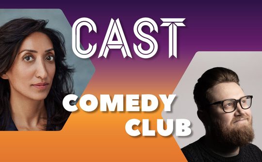 Promotional image for Cast Comedy Club featuring two comedians. A woman with dark hair gazes thoughtfully on the left; a bearded man smiles on the right. Background blends purple to orange with bold 'CAST COMEDY CLUB' text.