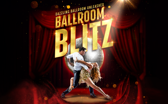 A couple performs a lively dance in front of a glittering disco ball on a stage with red curtains. The bold text "Ballroom Blitz" shines above them.