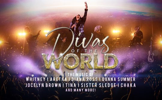 Concert poster with "Divas of the World" in large, glittery text. A female singer performs energetically on stage with colourful lights and band members.