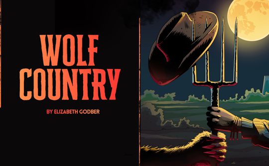Cover for "Wolf Country" by Elizabeth Godber. A hand holds a pitchfork with a hat against a full moon. Dark, moody atmosphere with bold red text.