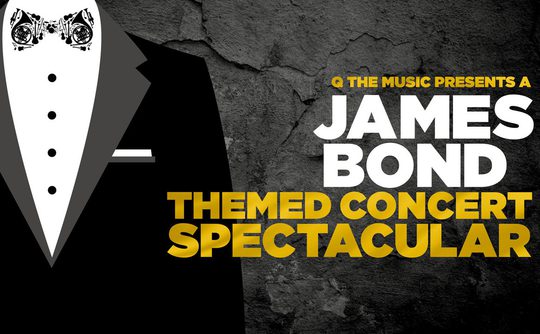 A slick black tuxedo with a white shirt and bowtie on a textured black background. Bold text: "James Bond Themed Concert Spectacular" in white and gold.