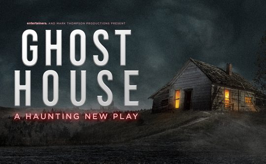 Dark, ominous poster for "Ghost House," a haunting new play. A lone, lit cabin sits on a misty hill, conveying suspense and mystery.