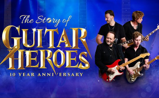 Four guitarists perform enthusiastically with electric guitars, set against a vibrant blue backdrop. Golden text reads: "The Story of Guitar Heroes, 10 Year Anniversary."