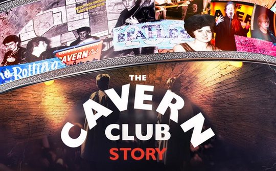 Collage of vintage photos of musicians and fans at the Cavern Club. Bold text "The Cavern Club Story" is overlaid on a brick wall background. Moody and nostalgic tone.