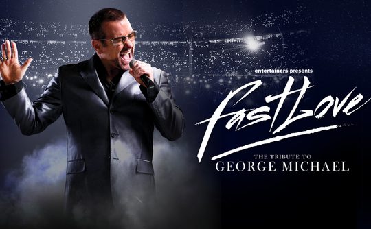 A performer passionately sings on stage with sparkling stadium lights in the background. Text reads "FastLove, the tribute to George Michael."
