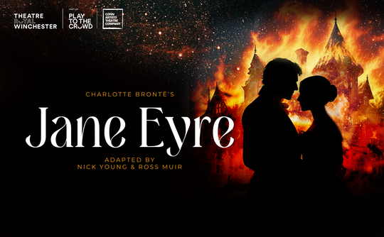 Silhouetted figures stand before a burning castle, evoking drama and romance. The text reads "Charlotte Brontë's Jane Eyre, adapted by Nick Young & Ross Muir."