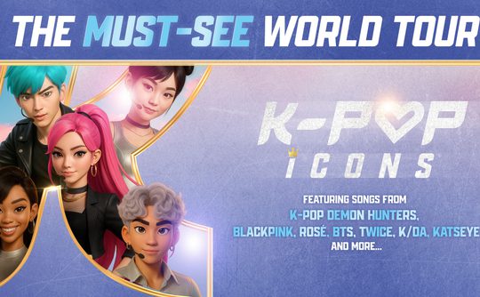 Promotional image for a "K-POP ICONS" featuring animated characters with vibrant hair and modern outfits. Text highlights "the must-see world tour" and artists.