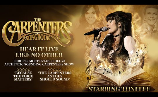 Toni Lee sings "The Carpenters Songbook." A singer in a vintage outfit performs, with smiling faces in the background, evoking nostalgia.