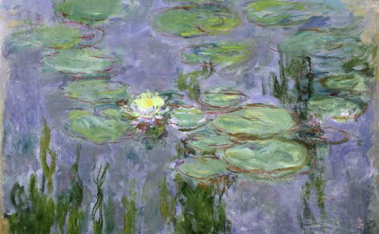 Impressionist painting of green lily pads floating on a violet-blue pond, with a single glowing white water lily and reflections creating a calm, dreamlike mood.