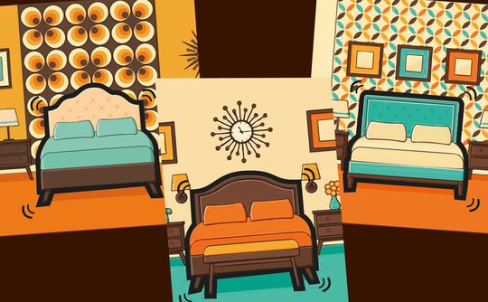 Illustrated collage of three retro bedroom designs. Each features colourful beds and bold geometric wallpaper. The mood is vibrant and playful.