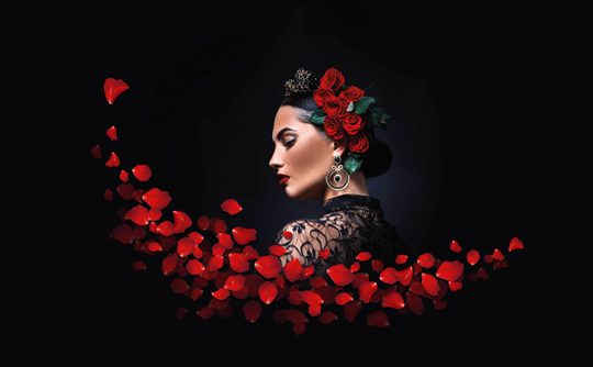 A woman in profile wears red roses in her hair and intricate earrings. Red rose petals float around her, set against a dark background. Elegant and dramatic.